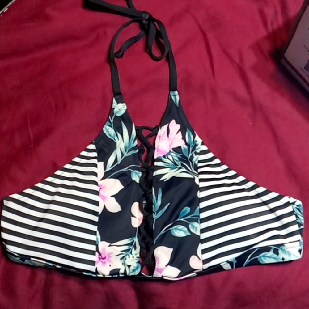 Victoria’s Secret PINK Women’s Large Black Floral Blue Halter Bikini Swim Top